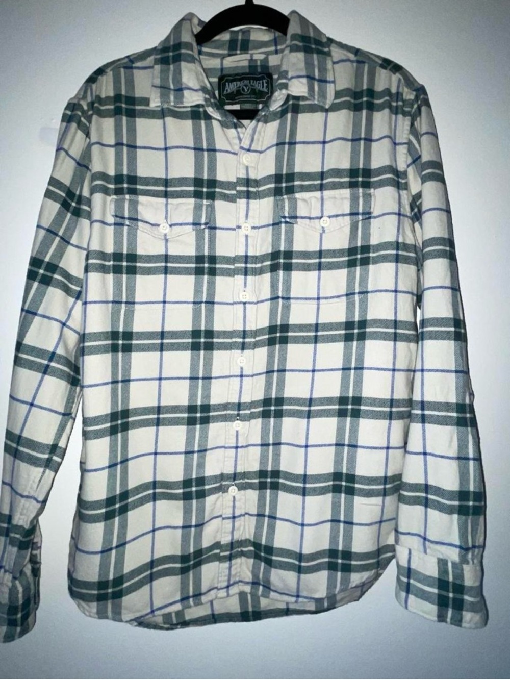 American Eagle Outfitters White and Green Plaid Button-Down Shirt